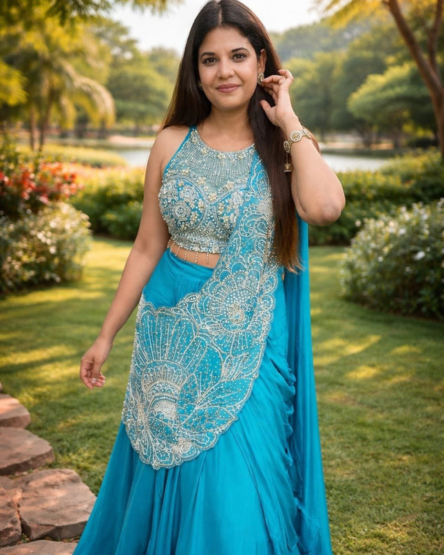 Easy to Wear Lehenga Saree | Rangoli Silk With Multi Thread Embroidery Sequence - Rosepetals Luxe