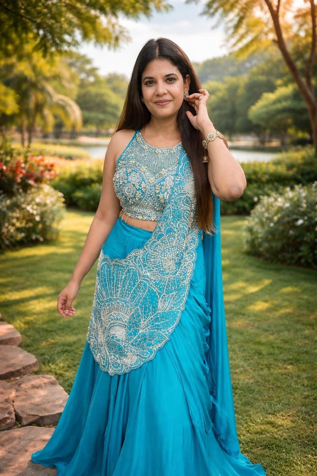 Easy to Wear Lehenga Saree | Rangoli Silk With Multi Thread Embroidery Sequence - Rosepetals Luxe