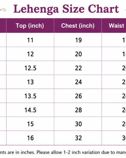 Girls Pure Silk Zari Weaving Lehenga Choli Set with Heavy Handwork Blouse | Kids Festive & Wedding Wear - SIZE CHART