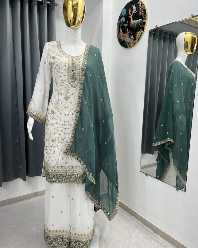 Eid Special Faux Georgette Embroidered Top Palazzo & Dupatta Set - Rosepetals Luxe