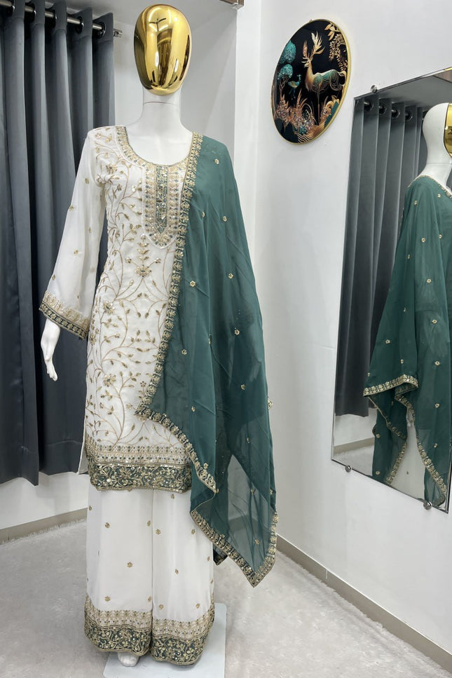 Eid Special Faux Georgette Embroidered Top Palazzo & Dupatta Set - Rosepetals Luxe
