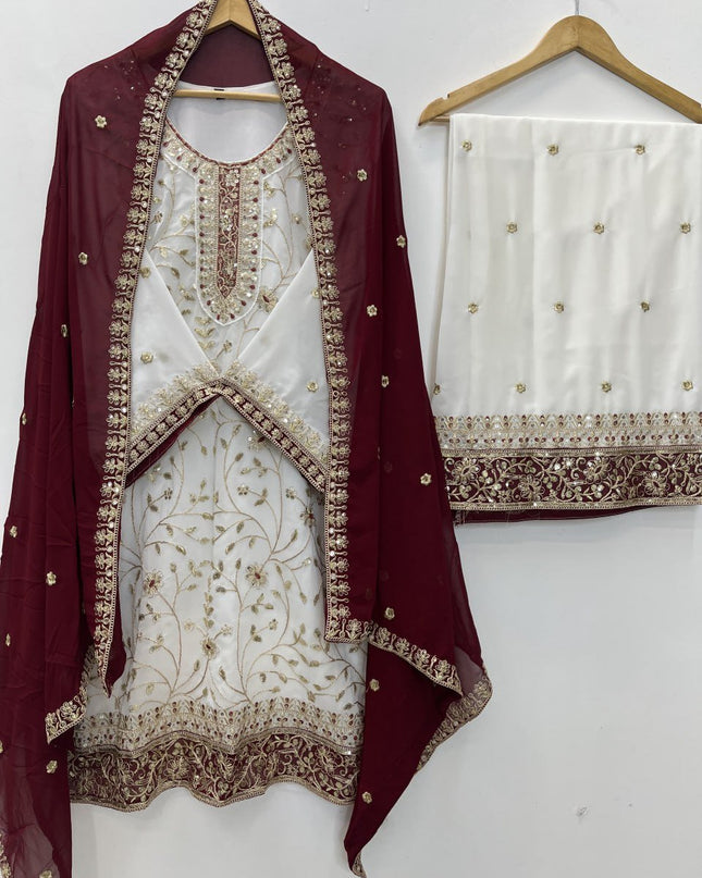 Eid Special Faux Georgette Embroidered Top Palazzo & Dupatta Set - Rosepetals Luxe