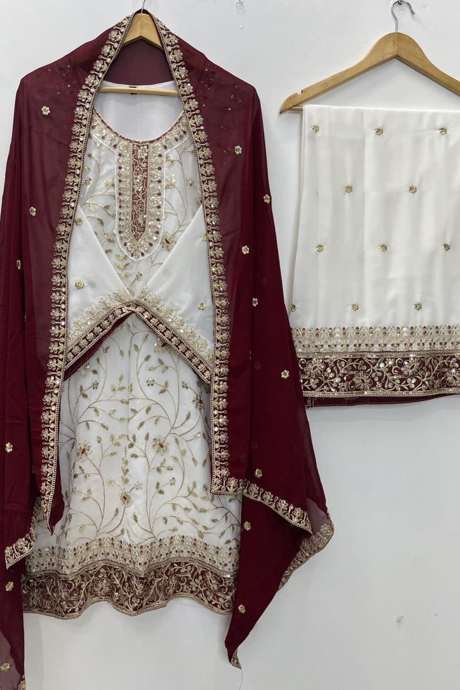 Eid Special Faux Georgette Embroidered Top Palazzo & Dupatta Set - Rosepetals Luxe