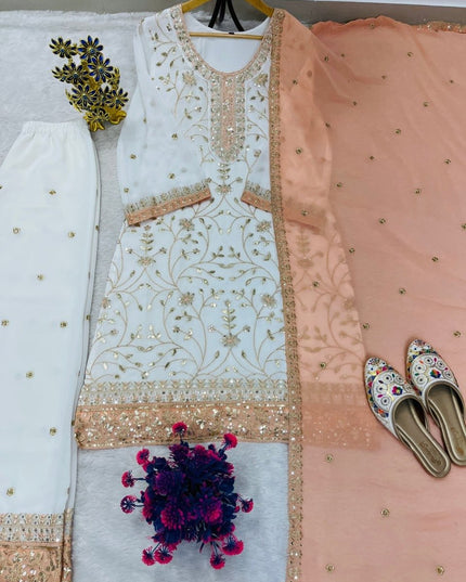 Eid Special Faux Georgette Embroidered Top Palazzo & Dupatta Set - Rosepetals Luxe