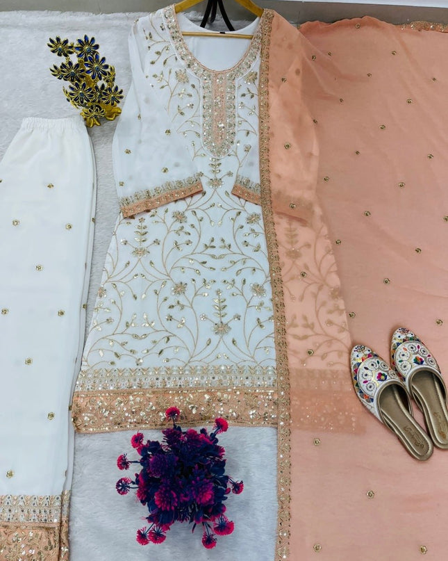 Eid Special Faux Georgette Embroidered Top Palazzo & Dupatta Set - Rosepetals Luxe