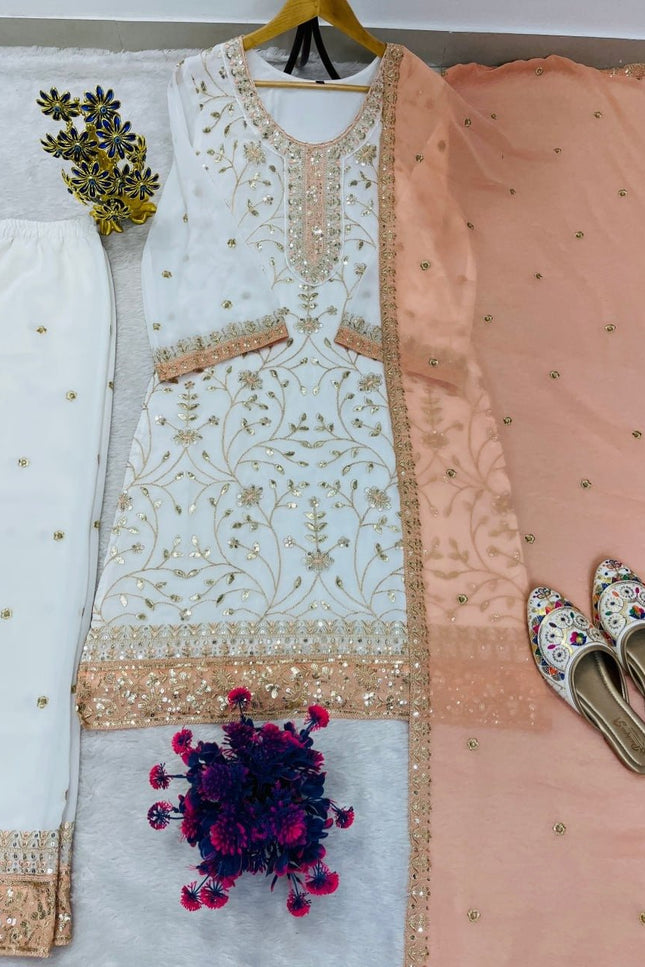 Eid Special Faux Georgette Embroidered Top Palazzo & Dupatta Set - Rosepetals Luxe