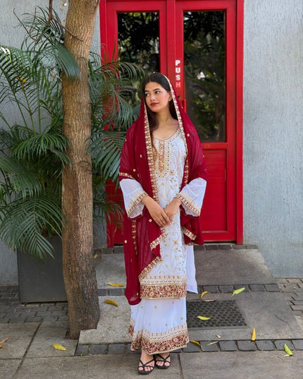 Eid Special Faux Georgette Embroidered Top Palazzo & Dupatta Set - Rosepetals Luxe
