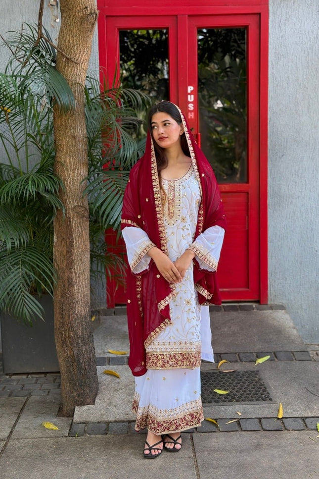Eid Special Faux Georgette Embroidered Top Palazzo & Dupatta Set - Rosepetals Luxe