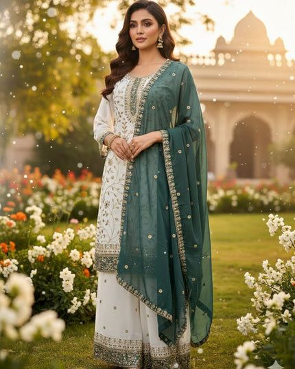 Eid Special Faux Georgette Embroidered Top Palazzo & Dupatta Set - Rosepetals Luxe