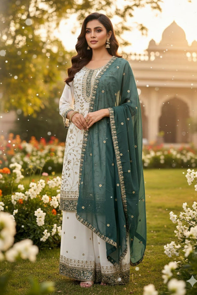 Eid Special Faux Georgette Embroidered Top Palazzo & Dupatta Set - Rosepetals Luxe