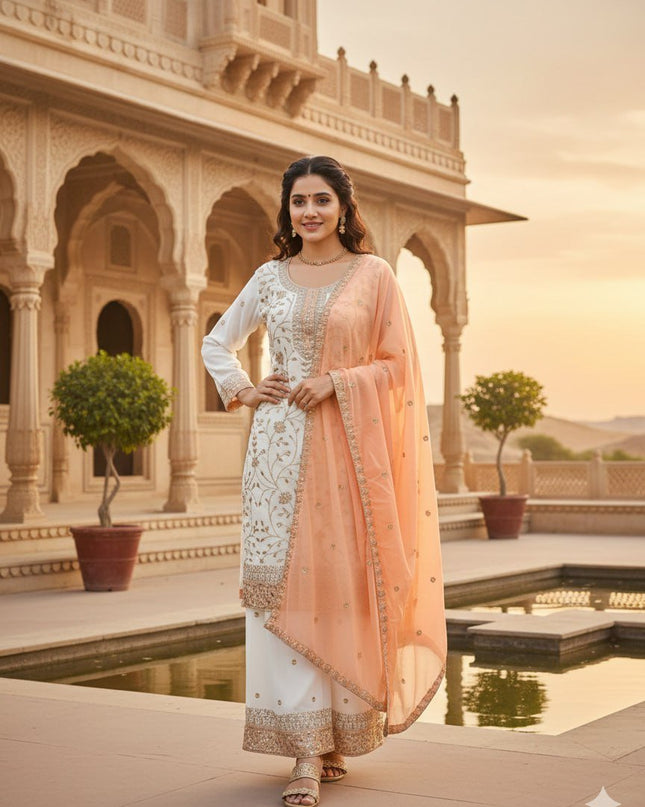Eid Special Faux Georgette Embroidered Top Palazzo & Dupatta Set - Rosepetals Luxe