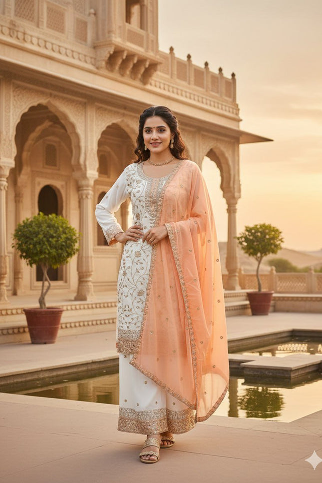 Eid Special Faux Georgette Embroidered Top Palazzo & Dupatta Set - Rosepetals Luxe