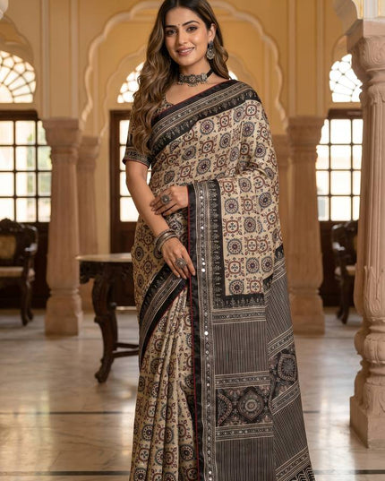 Elegant Ajrakh Print Roman Silk Saree with Real Mirror Work & Kodi Latkan Pallu - Rosepetals Luxe
