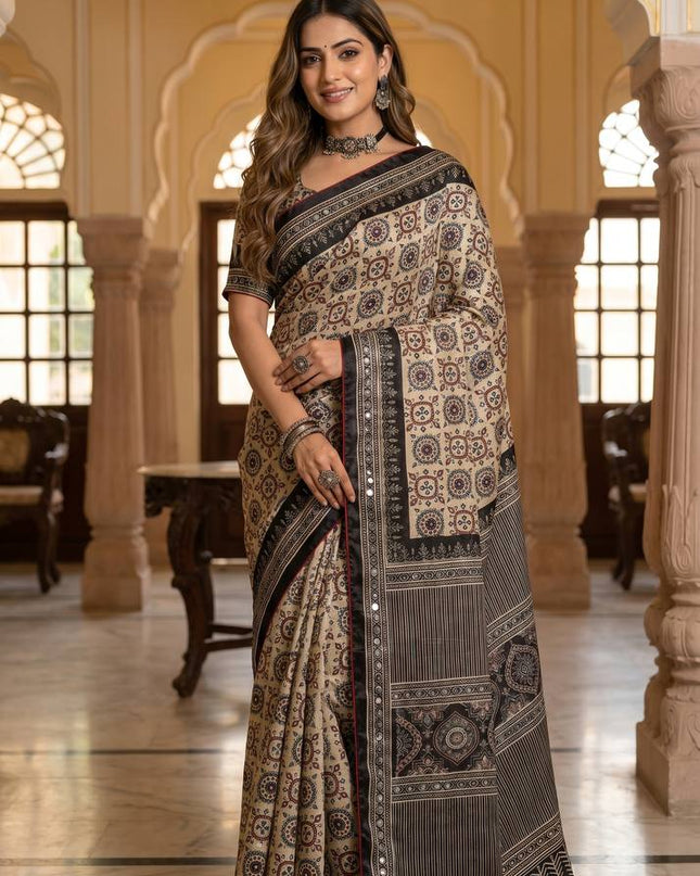 Elegant Ajrakh Print Roman Silk Saree with Real Mirror Work & Kodi Latkan Pallu - Rosepetals Luxe
