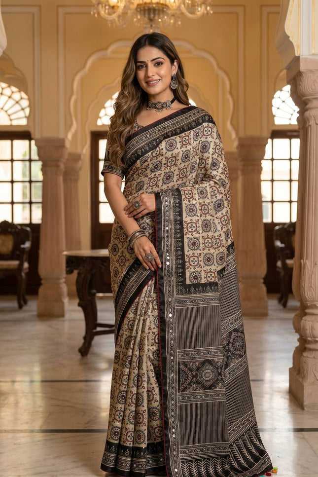 Elegant Ajrakh Print Roman Silk Saree with Real Mirror Work & Kodi Latkan Pallu - Rosepetals Luxe