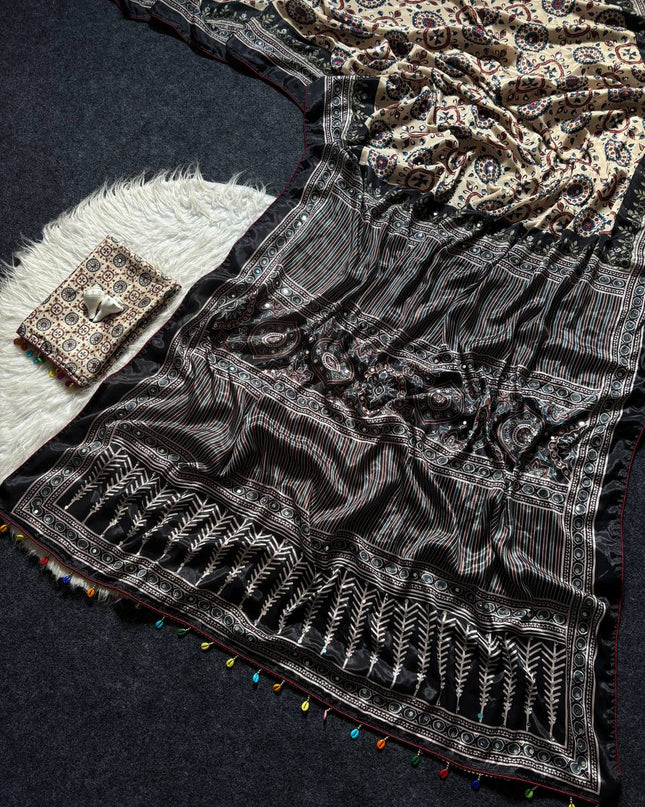 Elegant Ajrakh Print Roman Silk Saree with Real Mirror Work & Kodi Latkan Pallu - Rosepetals Luxe