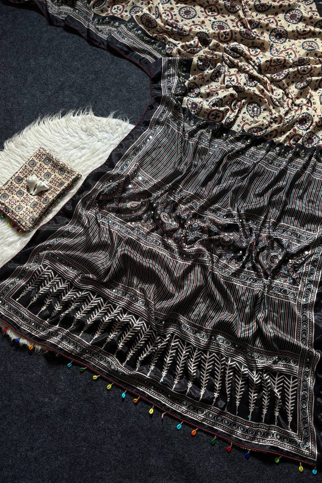 Elegant Ajrakh Print Roman Silk Saree with Real Mirror Work & Kodi Latkan Pallu - Rosepetals Luxe