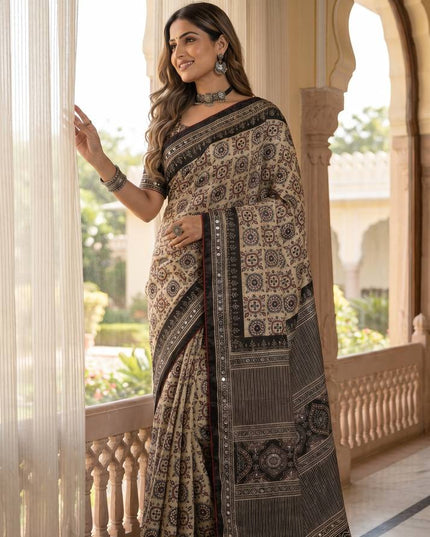 Elegant Ajrakh Print Roman Silk Saree with Real Mirror Work & Kodi Latkan Pallu - Rosepetals Luxe
