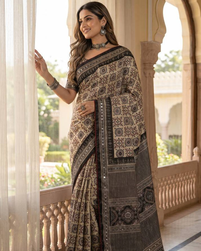 Elegant Ajrakh Print Roman Silk Saree with Real Mirror Work & Kodi Latkan Pallu - Rosepetals Luxe