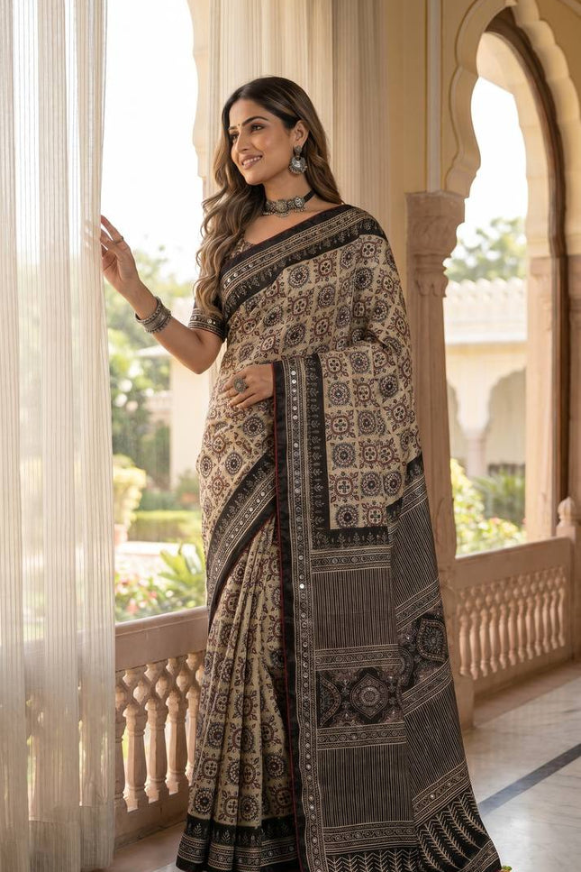 Elegant Ajrakh Print Roman Silk Saree with Real Mirror Work & Kodi Latkan Pallu - Rosepetals Luxe