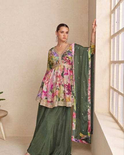 Elegant Chinon Front & Back Embroidery Palazzo Suit Set - Rosepetals Luxe