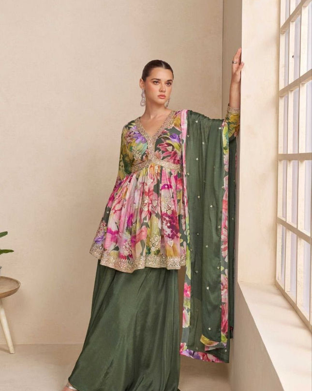 Elegant Chinon Front & Back Embroidery Palazzo Suit Set - Rosepetals Luxe