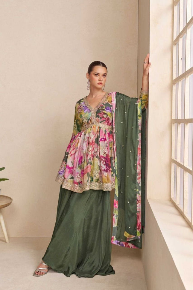 Elegant Chinon Front & Back Embroidery Palazzo Suit Set - Rosepetals Luxe