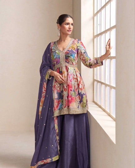 Elegant Chinon Front & Back Embroidery Palazzo Suit Set - Rosepetals Luxe