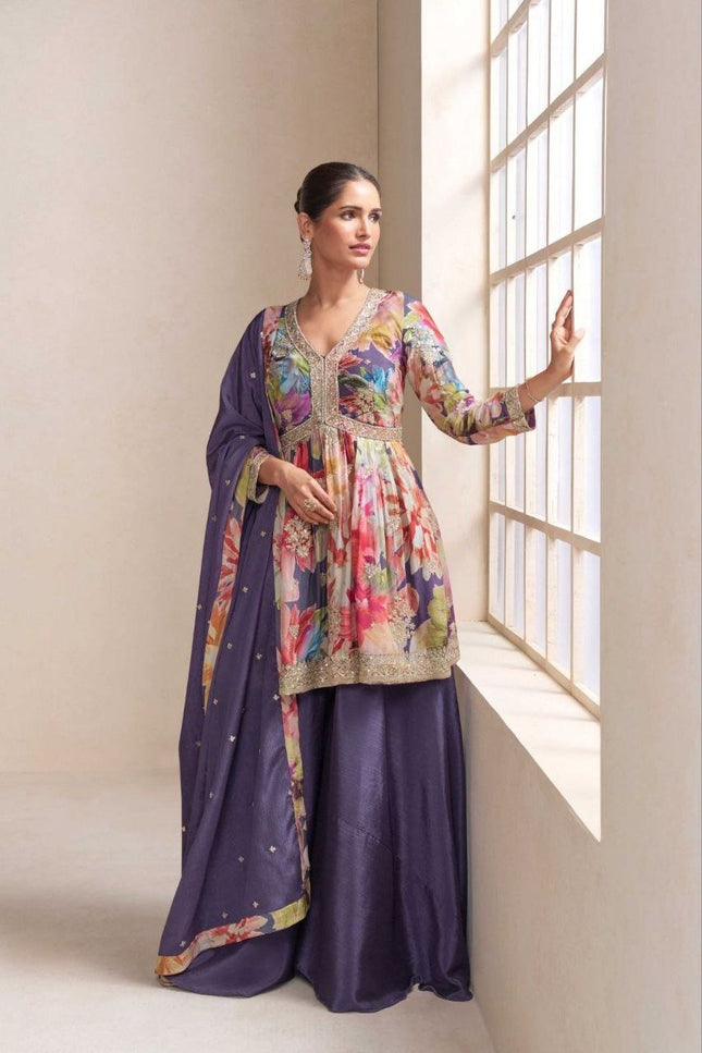 Elegant Chinon Front & Back Embroidery Palazzo Suit Set - Rosepetals Luxe