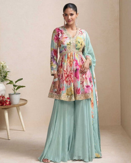 Elegant Chinon Front & Back Embroidery Palazzo Suit Set - Rosepetals Luxe