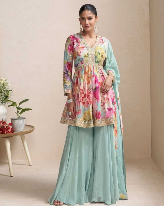 Elegant Chinon Front & Back Embroidery Palazzo Suit Set - Rosepetals Luxe