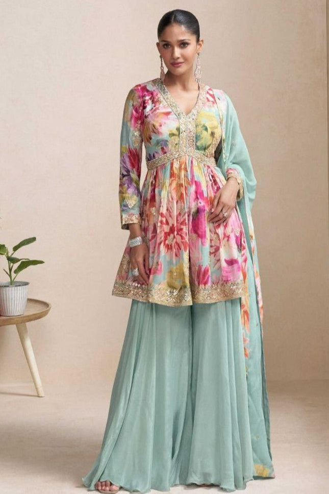 Elegant Chinon Front & Back Embroidery Palazzo Suit Set - Rosepetals Luxe