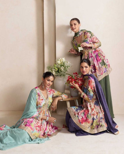 Elegant Chinon Front & Back Embroidery Palazzo Suit Set - Rosepetals Luxe