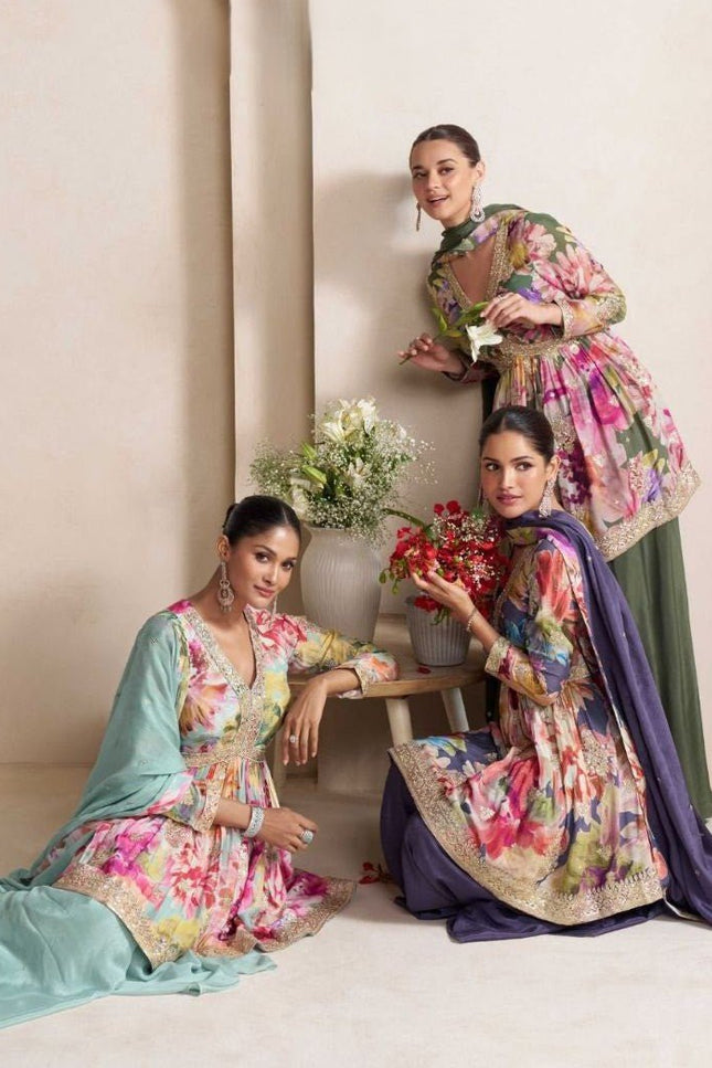 Elegant Chinon Front & Back Embroidery Palazzo Suit Set - Rosepetals Luxe