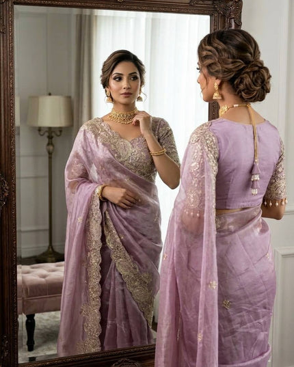 Elegant Crystal Crush Tissue Saree with Embroidery and Coding Weaving - Rosepetals Luxe