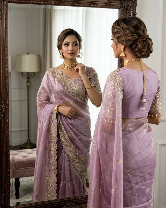 Elegant Crystal Crush Tissue Saree with Embroidery and Coding Weaving - Rosepetals Luxe