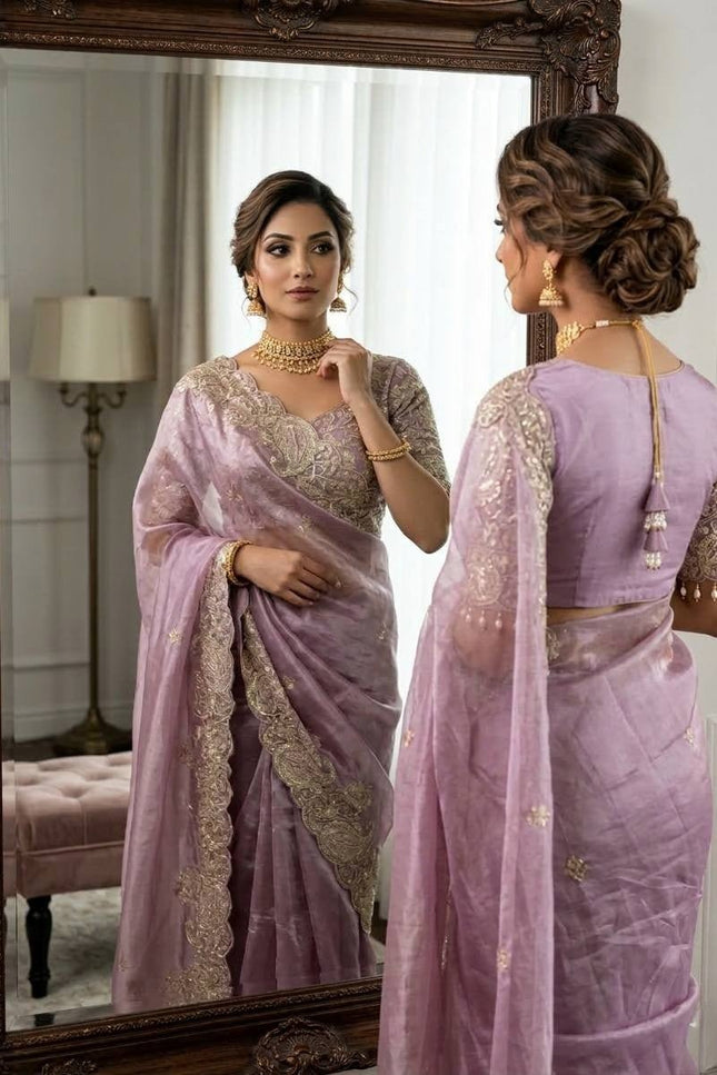 Elegant Crystal Crush Tissue Saree with Embroidery and Coding Weaving - Rosepetals Luxe