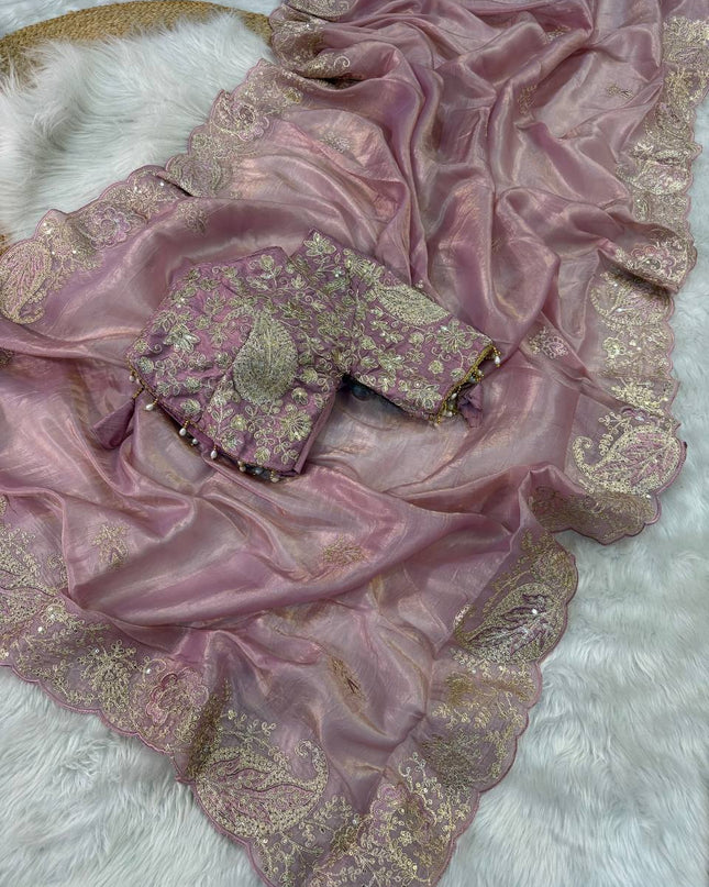 Elegant Crystal Crush Tissue Saree with Embroidery and Coding Weaving - Rosepetals Luxe