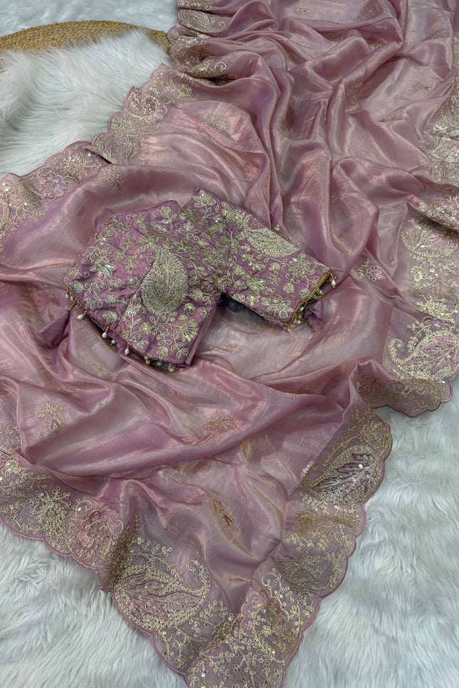 Elegant Crystal Crush Tissue Saree with Embroidery and Coding Weaving - Rosepetals Luxe