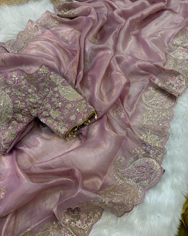 Elegant Crystal Crush Tissue Saree with Embroidery and Coding Weaving - Rosepetals Luxe