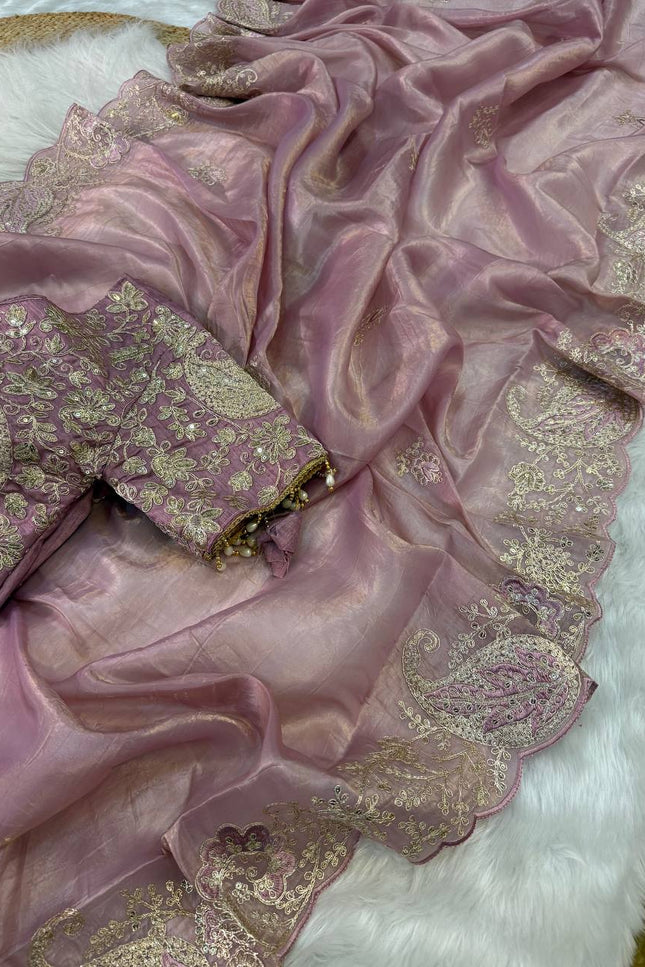 Elegant Crystal Crush Tissue Saree with Embroidery and Coding Weaving - Rosepetals Luxe