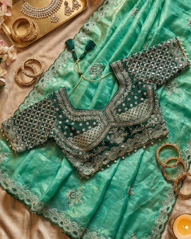 Elegant Cut Border Saree with Readymade Mirror Blouse | Lotus Embroidery | Meena Work - Rosepetals Luxe