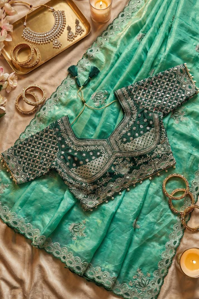 Elegant Cut Border Saree with Readymade Mirror Blouse | Lotus Embroidery | Meena Work - Rosepetals Luxe