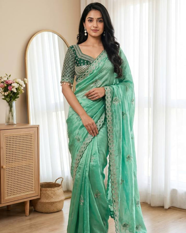 Elegant Cut Border Saree with Readymade Mirror Blouse | Lotus Embroidery | Meena Work - Rosepetals Luxe