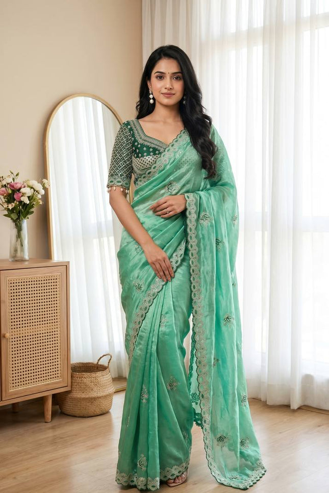 Elegant Cut Border Saree with Readymade Mirror Blouse | Lotus Embroidery | Meena Work - Rosepetals Luxe