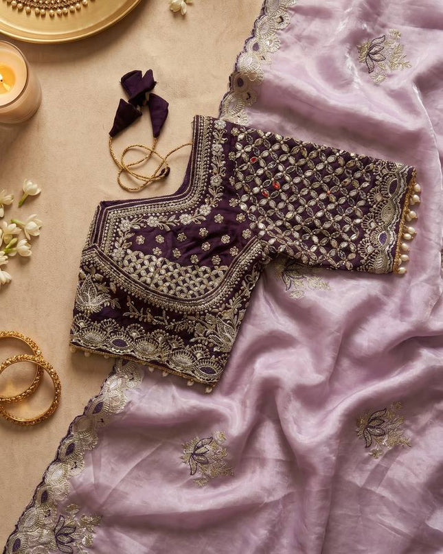 Elegant Cut Border Saree with Readymade Mirror Blouse | Lotus Embroidery | Meena Work - Rosepetals Luxe