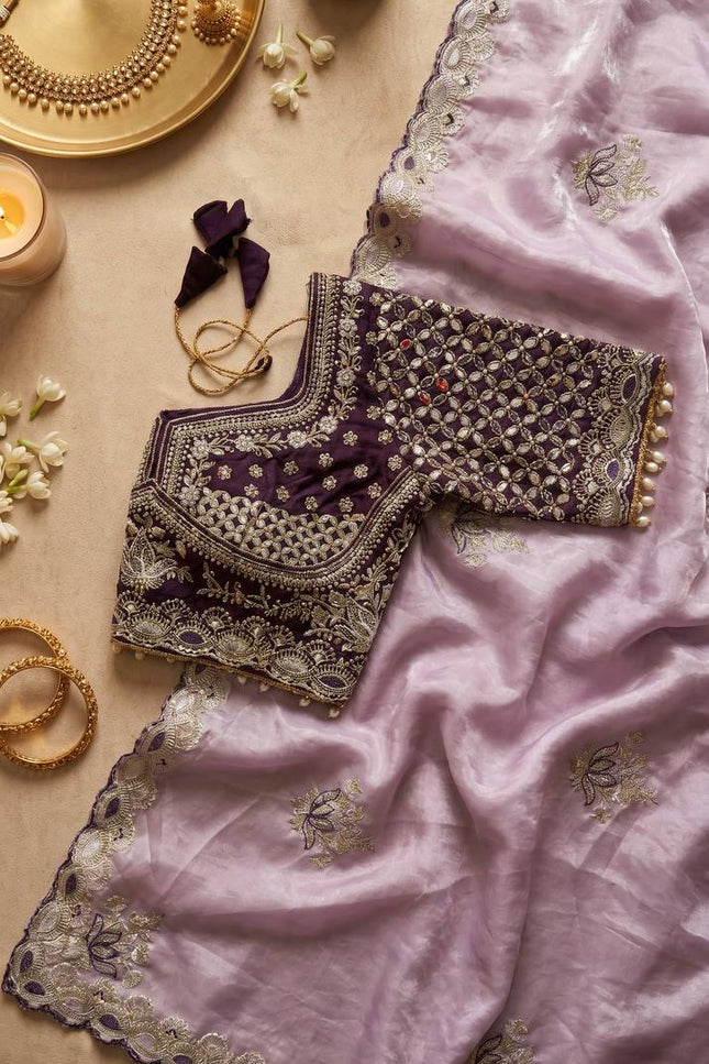 Elegant Cut Border Saree with Readymade Mirror Blouse | Lotus Embroidery | Meena Work - Rosepetals Luxe