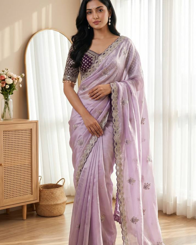 Elegant Cut Border Saree with Readymade Mirror Blouse | Lotus Embroidery | Meena Work - Rosepetals Luxe