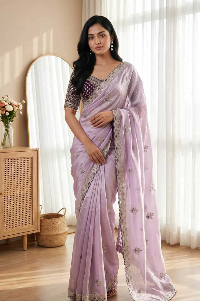 Elegant Cut Border Saree with Readymade Mirror Blouse | Lotus Embroidery | Meena Work - Rosepetals Luxe