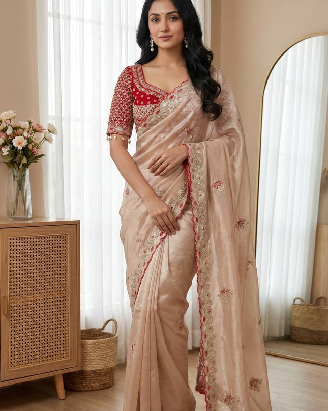 Elegant Cut Border Saree with Readymade Mirror Blouse | Lotus Embroidery | Meena Work - Rosepetals Luxe